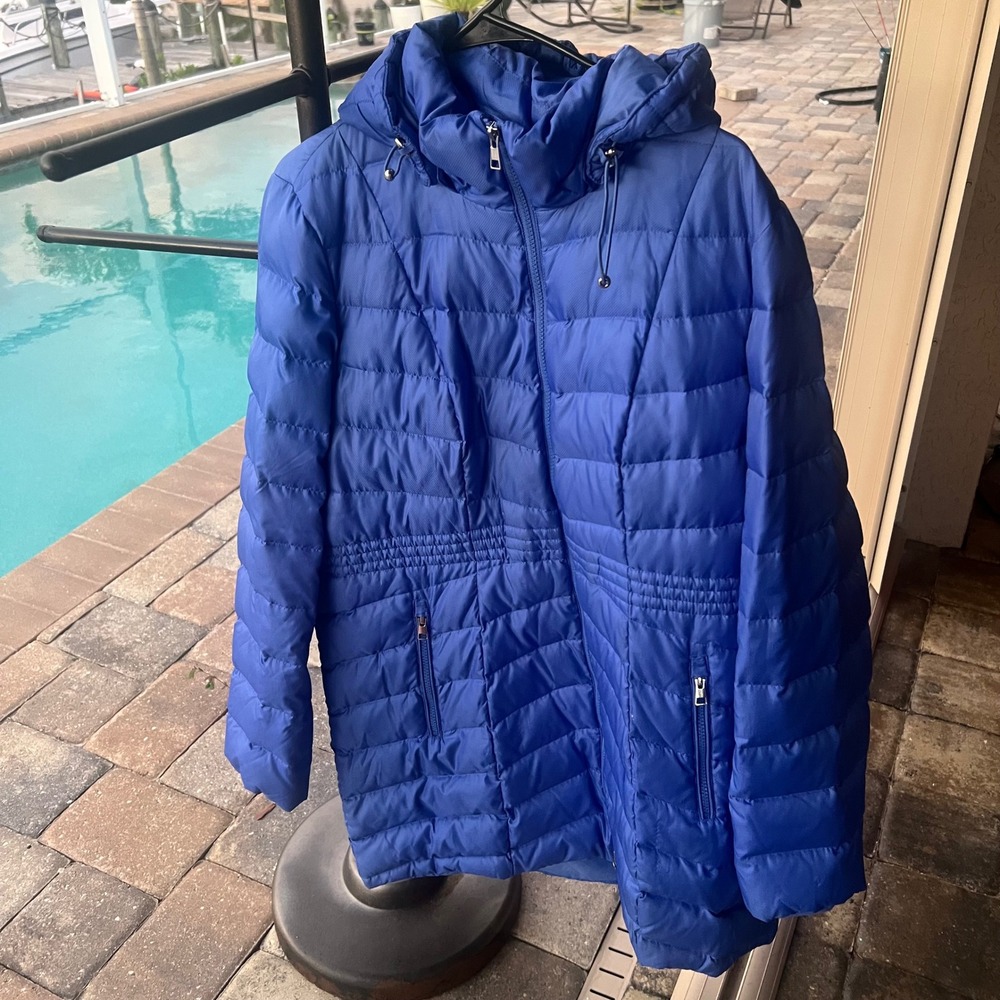 Lands End Puffer Down Jacket Womens Winter Coat Hooded Quilted Large 14-16 Blue‎